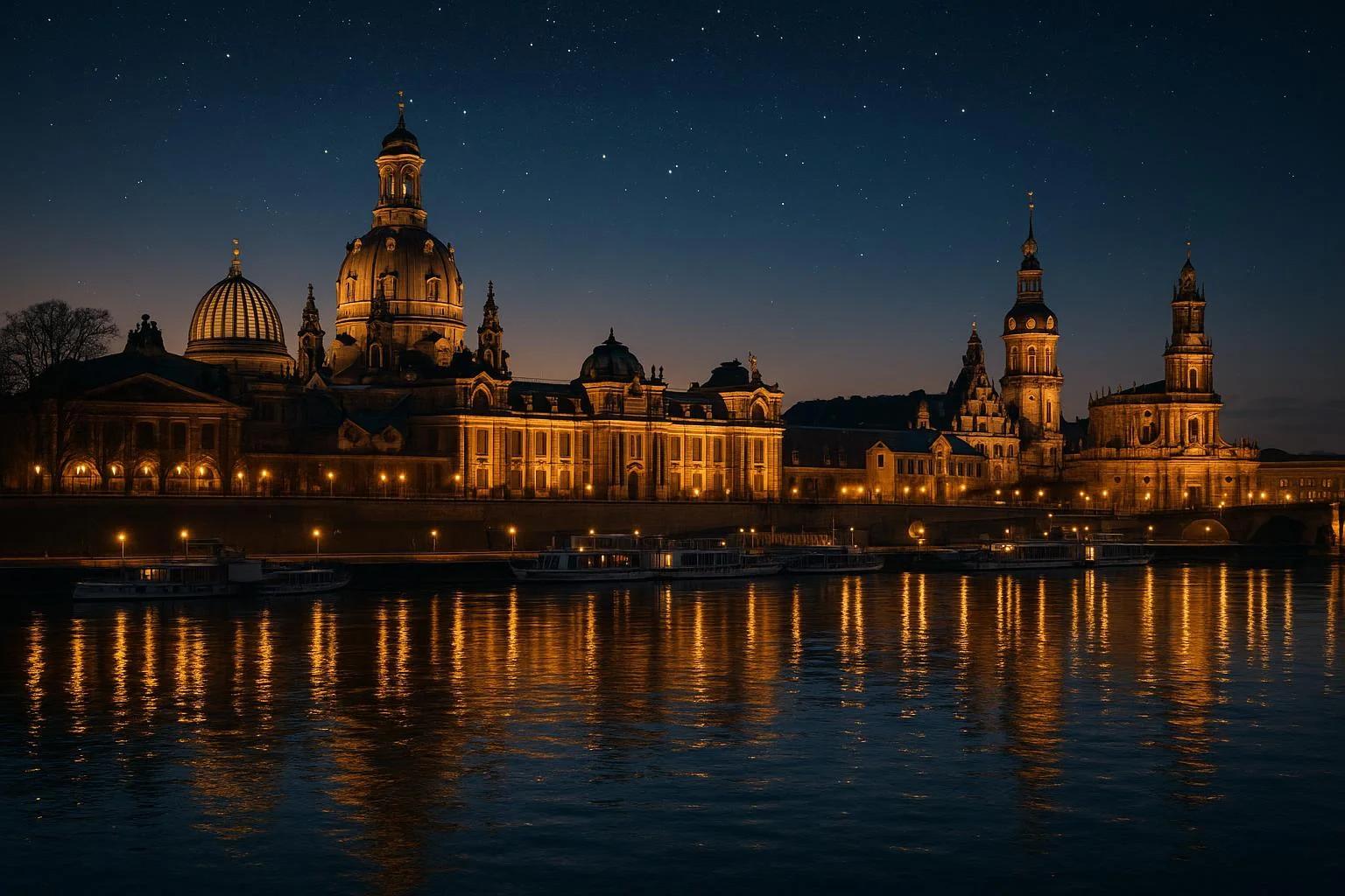 Dresdner Altstadt bei Nacht mit Frauenkirche an der Elbe